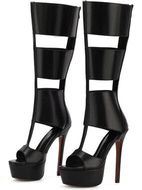 Women's Black Knee High Heels Gladiator Open Toe Summer Boots Black Heels Sandal